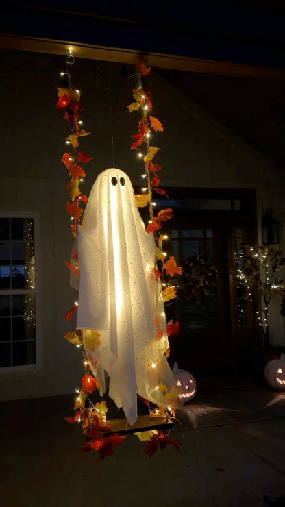 Halloween Glowing Ghost Swing Decoration – Lighted Hanging Ghost with Maple Leaf Vines for Indoor & Outdoor Yard Decor