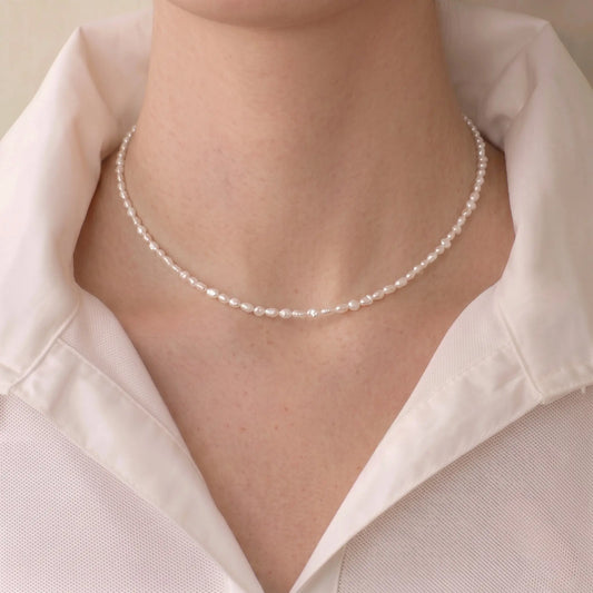 2-3mm Tiny Baroque Pearl Necklace, S925 Sterling Silver Minimalist Seed Pearl Choker