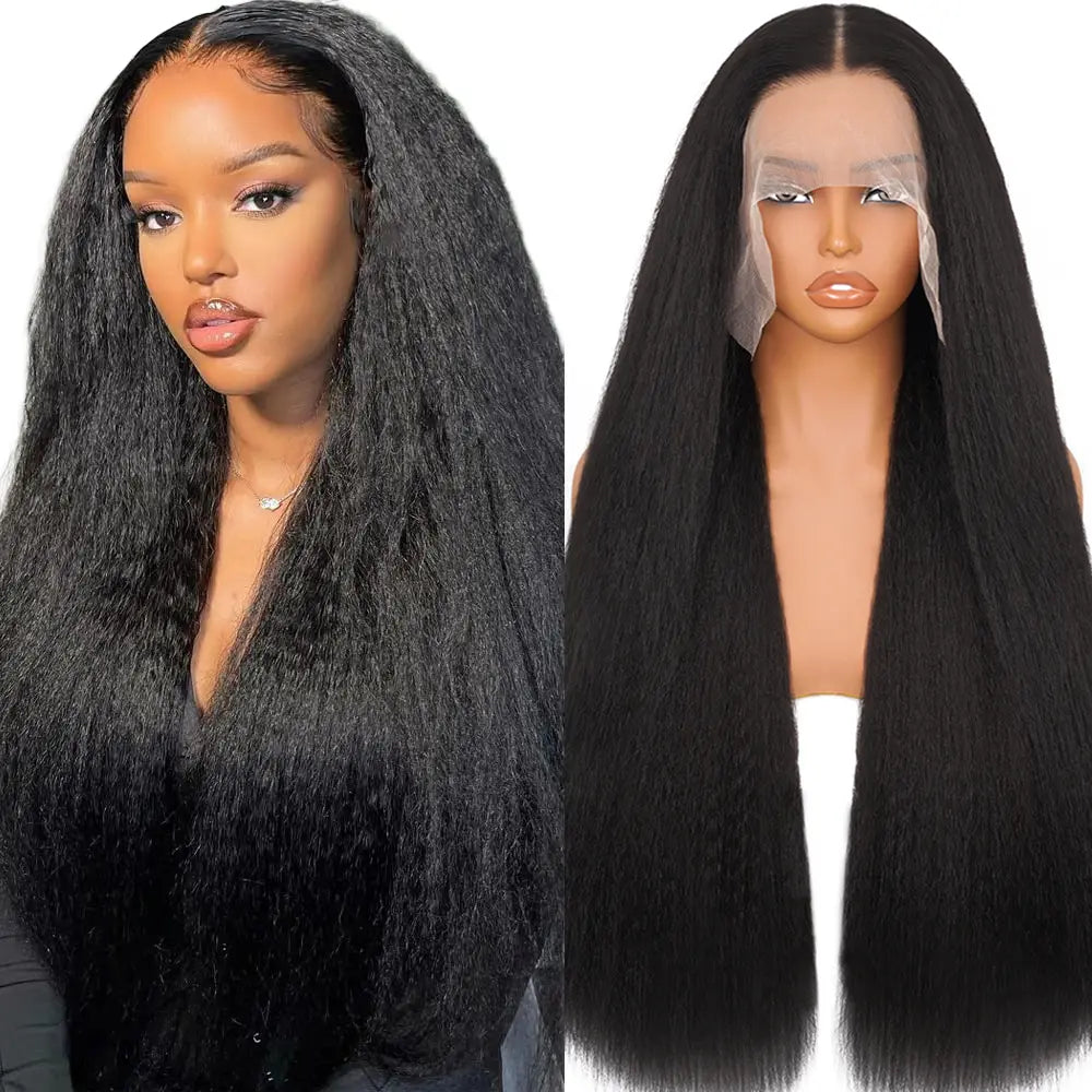 13X6 Synthetic Lace Front Wig Kinky Straight Lace Front Wig Pre Plucked 180% Density Yaki Straight Lace Front Wigs For Black Women Heat Resistant Hair