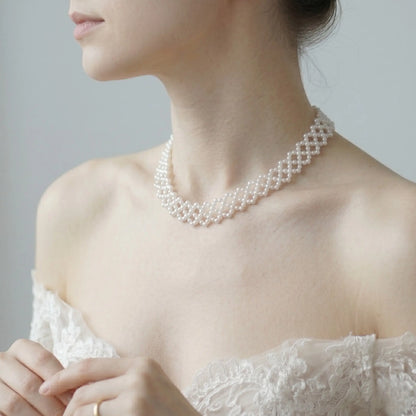 Woven Pearl Choker Necklace Lattice Mesh Bridal Wedding Jewelry for Women White