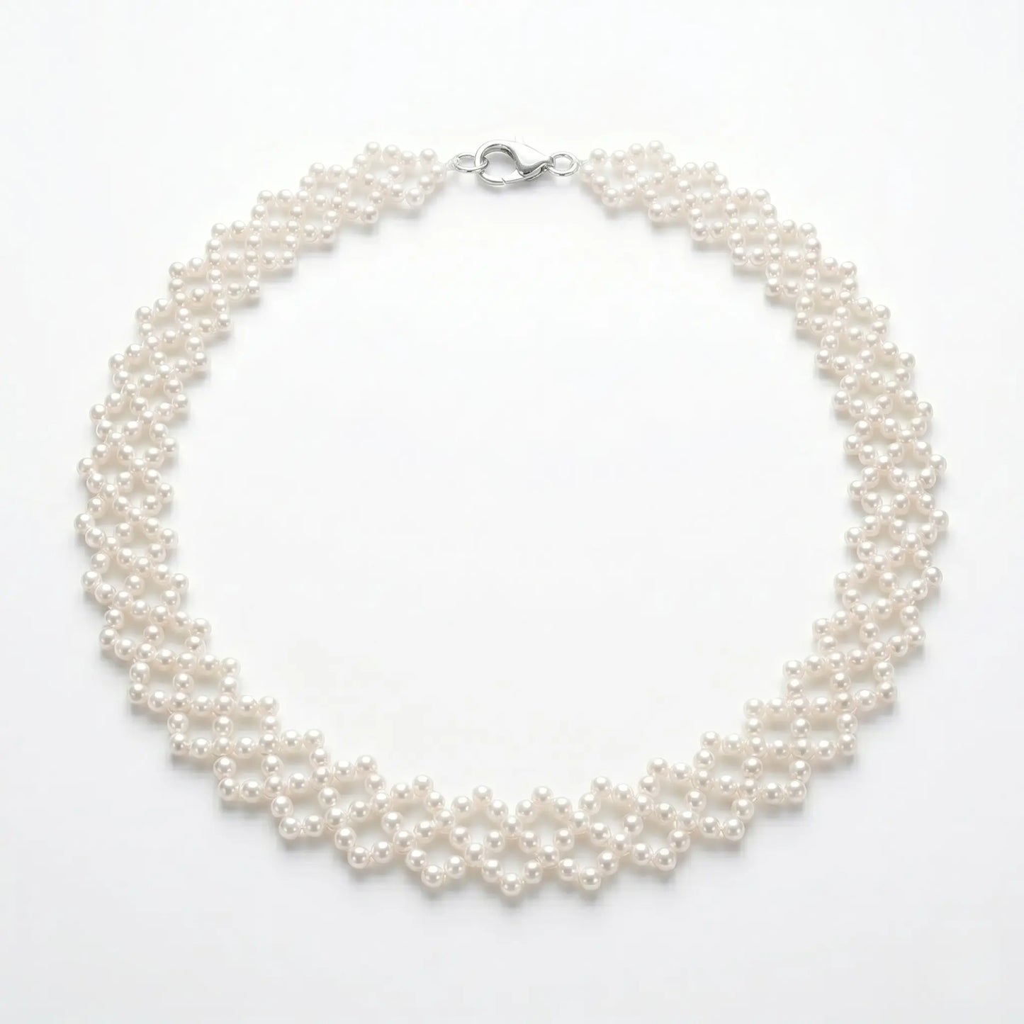Woven Pearl Choker Necklace Lattice Mesh Bridal Wedding Jewelry for Women White