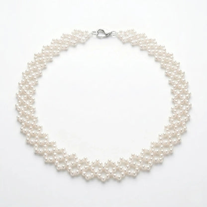 Woven Pearl Choker Necklace Lattice Mesh Bridal Wedding Jewelry for Women White