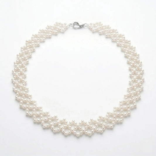 Woven Pearl Choker Necklace Lattice Mesh Bridal Wedding Jewelry for Women White