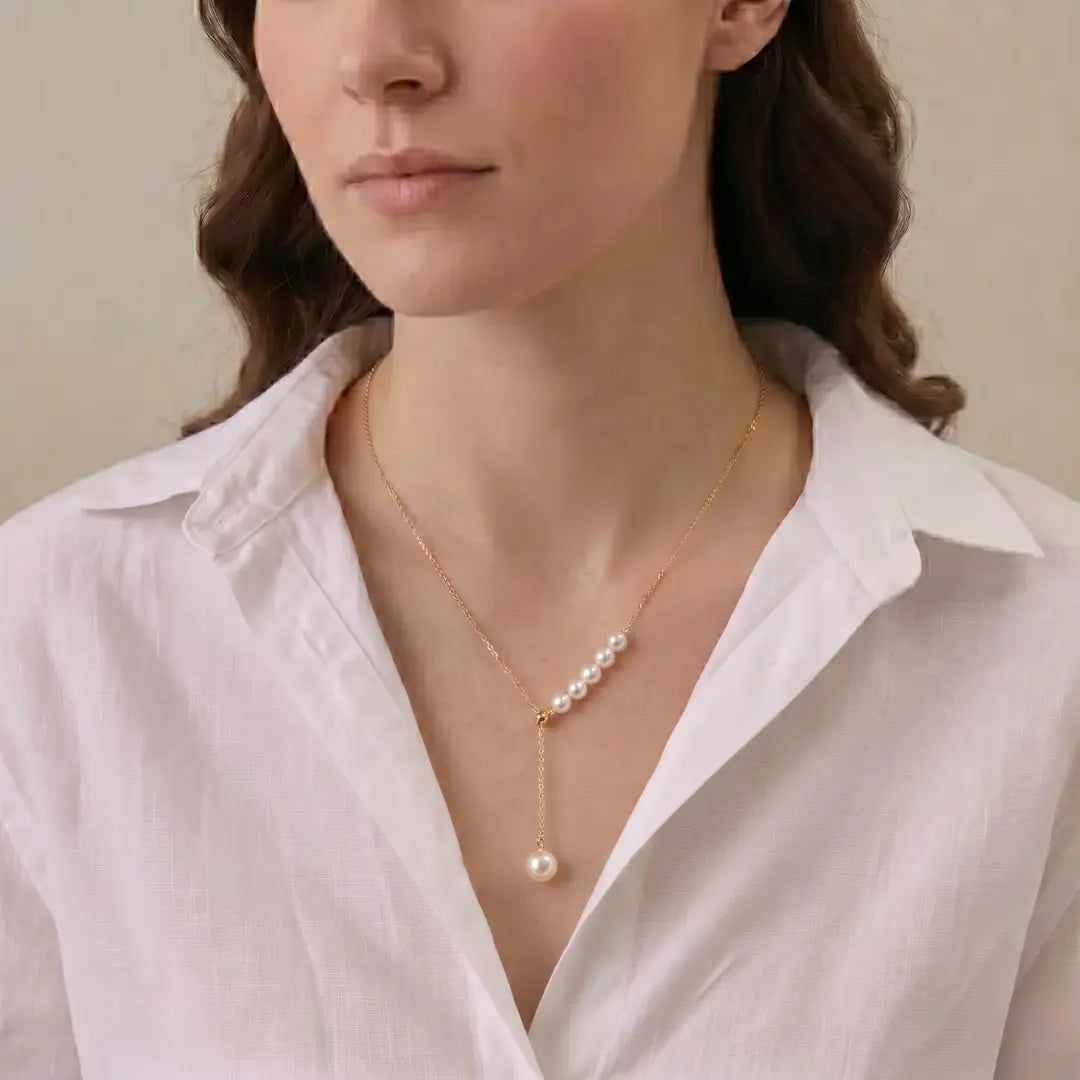 18K Gold Japanese Akoya Pearl Necklace, 3.5mm-7.5mm Genuine White Pearls