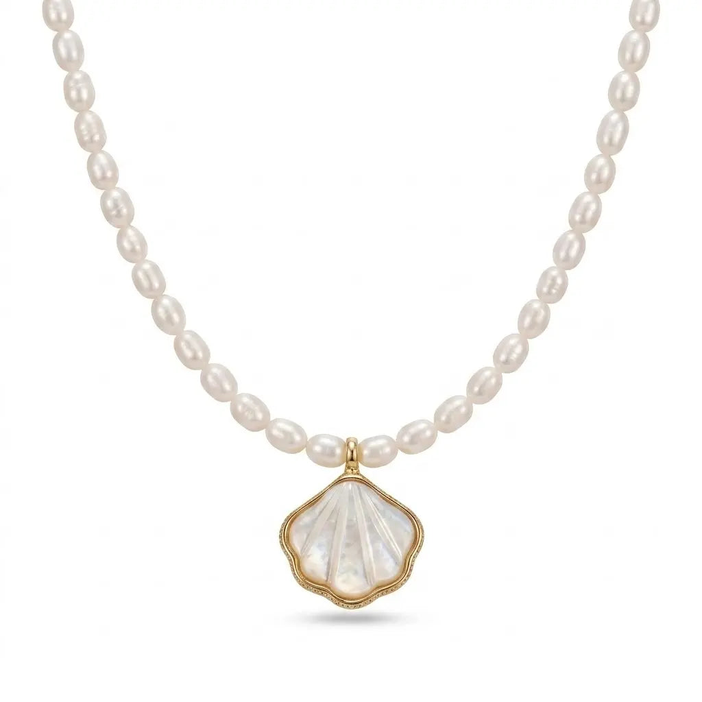 Bridesmaid Pearl Shell Necklace, 4-5mm Dainty White Freshwater Pearl Pendant Gift for Beach Wedding