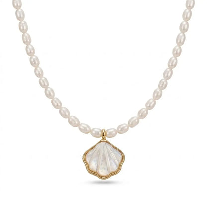 Bridesmaid Pearl Shell Necklace, 4-5mm Dainty White Freshwater Pearl Pendant Gift for Beach Wedding