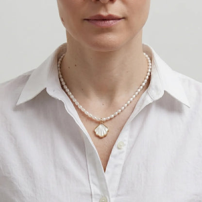 Freshwater Pearl Necklace with Shell Pendant, 4-5mm Dainty White Pearl Jewelry