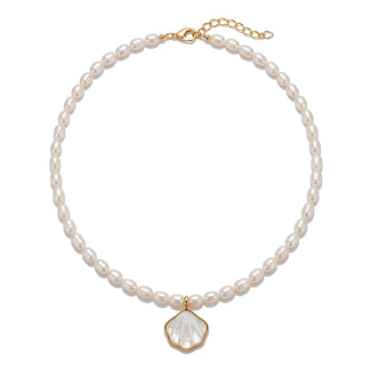 Bridesmaid Pearl Shell Necklace, 4-5mm Dainty White Freshwater Pearl Pendant Gift for Beach Wedding