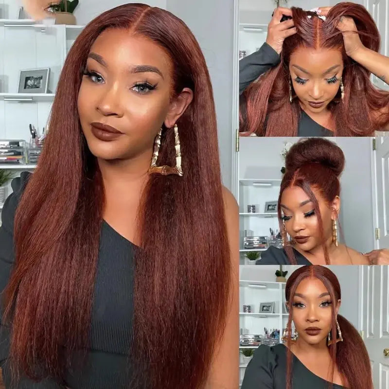 13X6 Synthetic Lace Front Wig Kinky Straight Lace Front Wig Pre Plucked 180% Density Yaki Straight Lace Front Wigs For Black Women Heat Resistant Hair