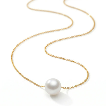 Bride's Wedding Day Pearl Necklace, Solid 18K Gold Floating Freshwater Pearl Pendant for the Bride, 9-9.5mm Luxury Bridal Jewelry