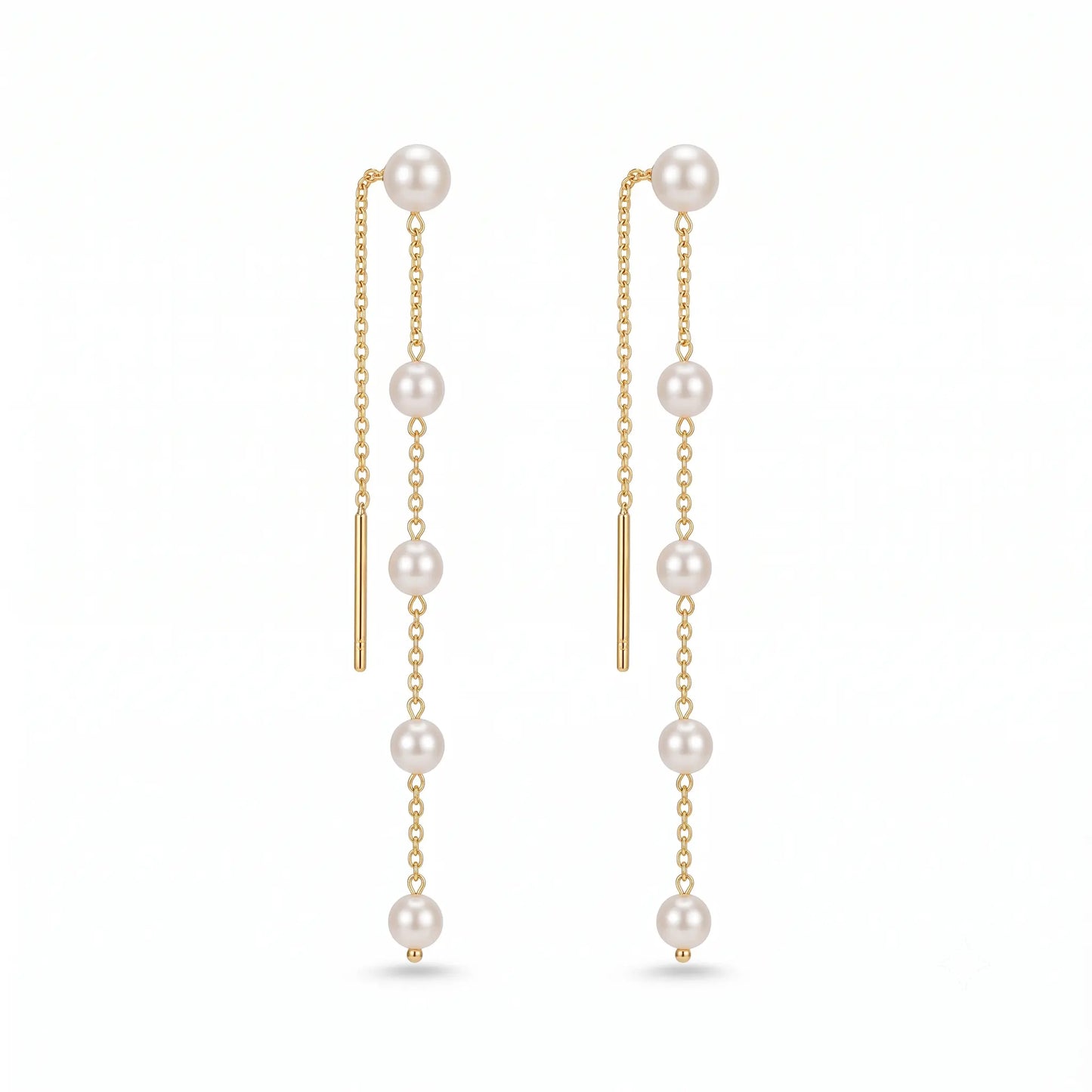 18K Solid Gold Akoya Pearl Ear Threaders - Genuine Japanese Sea Pearl Long Chain Drop Earrings