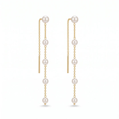 18K Solid Gold Akoya Pearl Ear Threaders - Genuine Japanese Sea Pearl Long Chain Drop Earrings