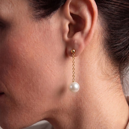 18K Gold Single Akoya Pearl Drop Chain Earrings