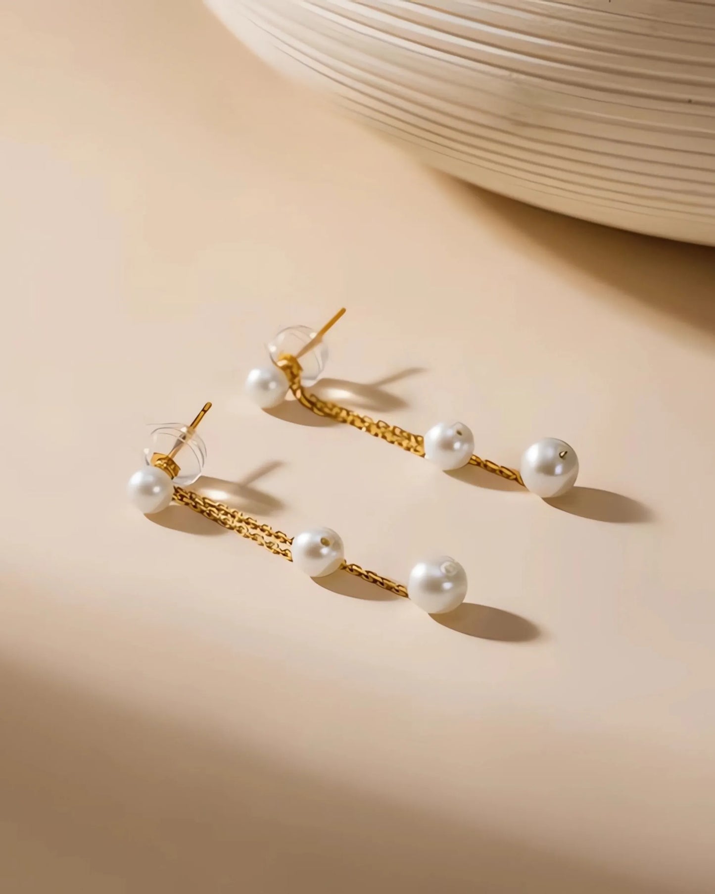 18K Gold Double Akoya Pearl Drop Chain Earrings