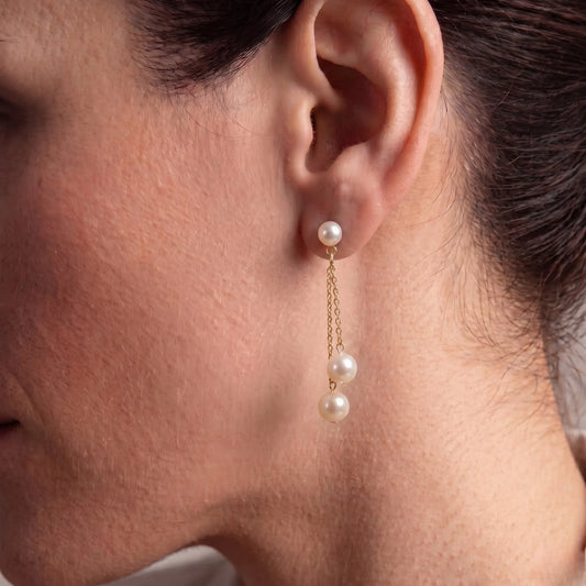 18K Gold Double Akoya Pearl Drop Chain Earrings