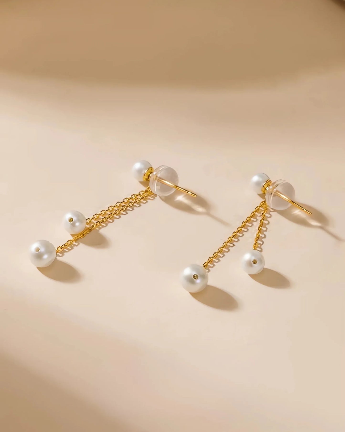 18K Gold Double Akoya Pearl Drop Chain Earrings
