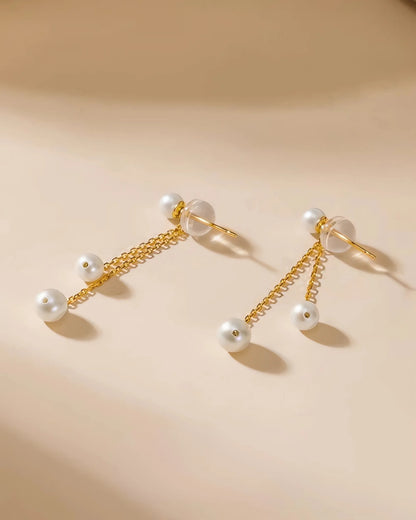18K Gold Double Akoya Pearl Drop Chain Earrings