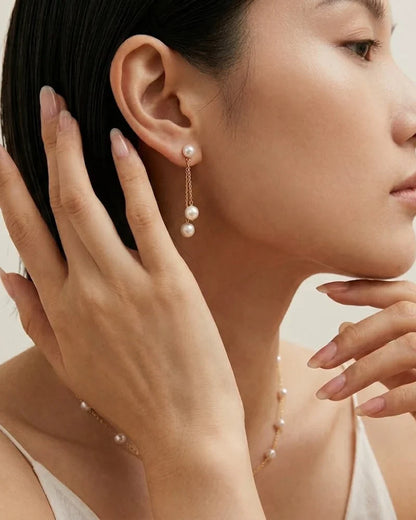 18K Gold Double Akoya Pearl Drop Chain Earrings