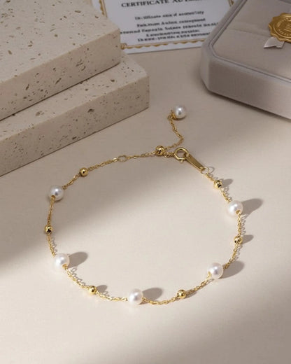 18K Solid Gold 5-5.5mm Janpanese Akoya Pearl Station Bracelet