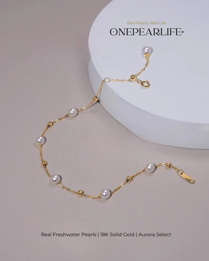 18K Solid Gold 5-5.5mm Janpanese Akoya Pearl Station Bracelet