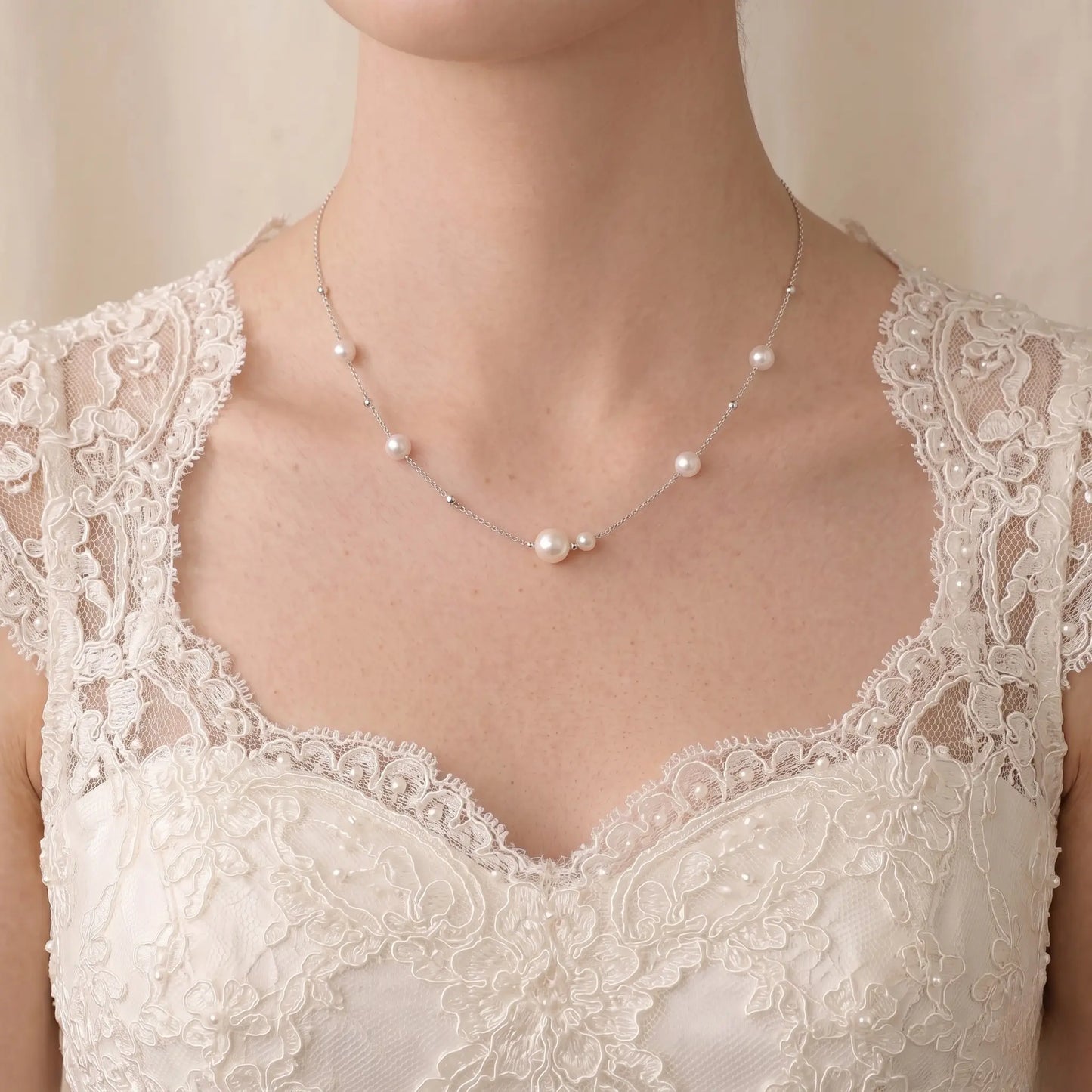 Bridal Pearl Necklace - Asymmetric 3-4.5mm Freshwater Station Choker 925 Sterling Silver for Bride