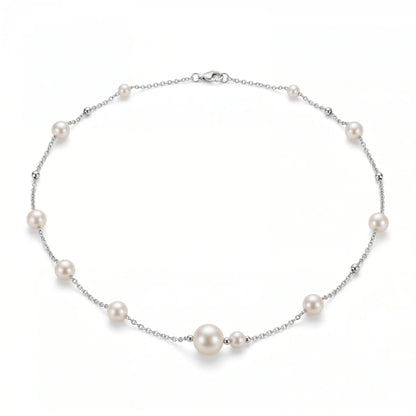 Bridal Pearl Necklace - Asymmetric 3-4.5mm Freshwater Station Choker 925 Sterling Silver for Bride