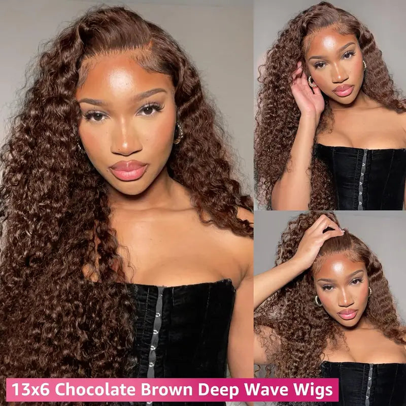 Chocolate Brown Lace Front Wigs Human Hair 13x6 Deep Wave Lace Front Wigs Human Hair 180Density HD Colored Deep Curly Lace Frontal Wigs for Women Pre Plucked with Natural Hairline Brown Wig SummerVibes
