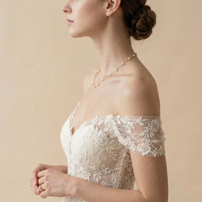 18K Solid Gold Akoya Pearl Station Necklace, 3-3.5mm Dainty Bridal Choker for Wedding Dresses