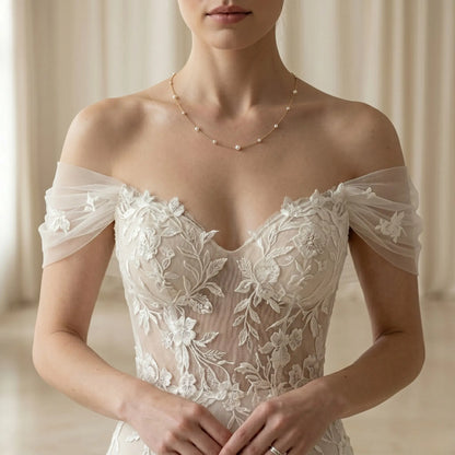 18K Solid Gold Akoya Pearl Station Necklace, 3-3.5mm Dainty Bridal Choker for Wedding Dresses