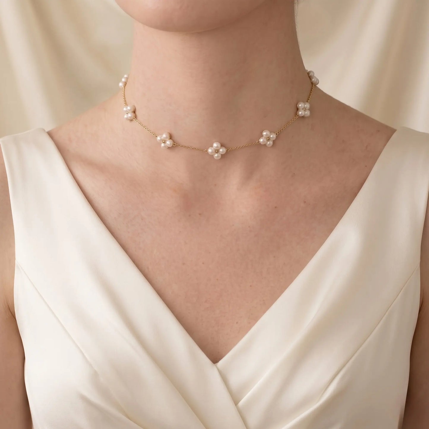Bridal Berry Pearl Station Choker, 18K Solid Gold Wedding Necklace for Women
