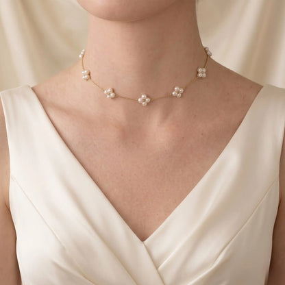 Bridal Berry Pearl Station Choker, 18K Solid Gold Wedding Necklace for Women