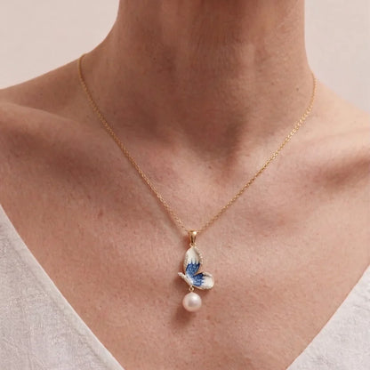 Vintage Enamel Butterfly Akoya Pearl Necklace, 7-7.5mm Japanese Pearl Pendant