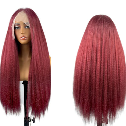 13X6 Synthetic Lace Front Wig Kinky Straight Lace Front Wig Pre Plucked 180% Density Yaki Straight Lace Front Wigs For Black Women Heat Resistant Hair