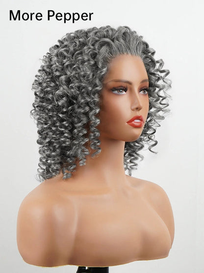 13x4 Salt & Pepper Bouncy Curls Glueless Grey Wig 100% Human Hair