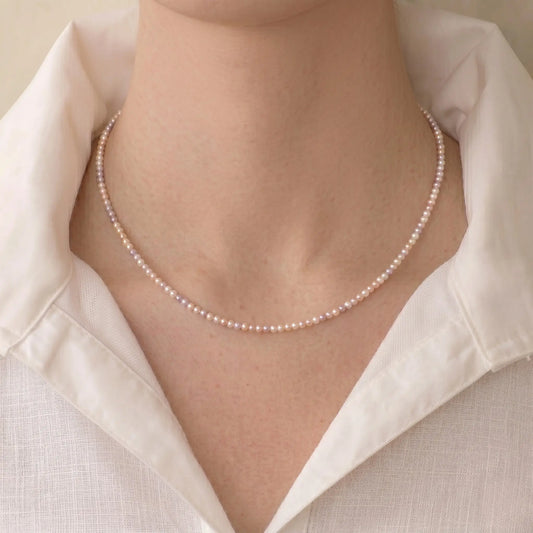 18K Solid Gold Dainty 3-3.5mm Natural Multicolor Freshwater Pearl Necklace
