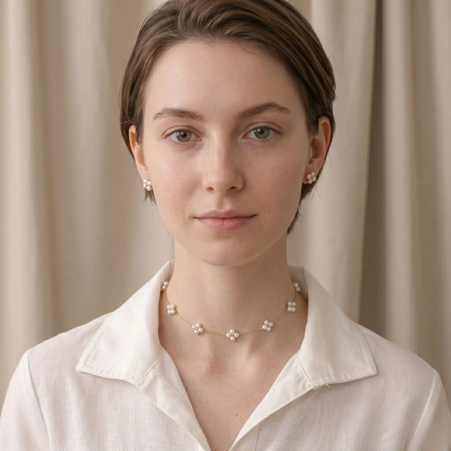 Dainty 18K Solid Gold Berry Pearl Station Choker Necklace for Women