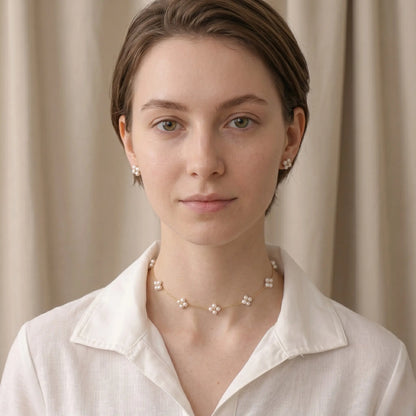 Dainty 18K Solid Gold Berry Pearl Station Choker Necklace for Women