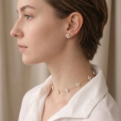 Dainty 18K Solid Gold Berry Pearl Station Earrings for Women
