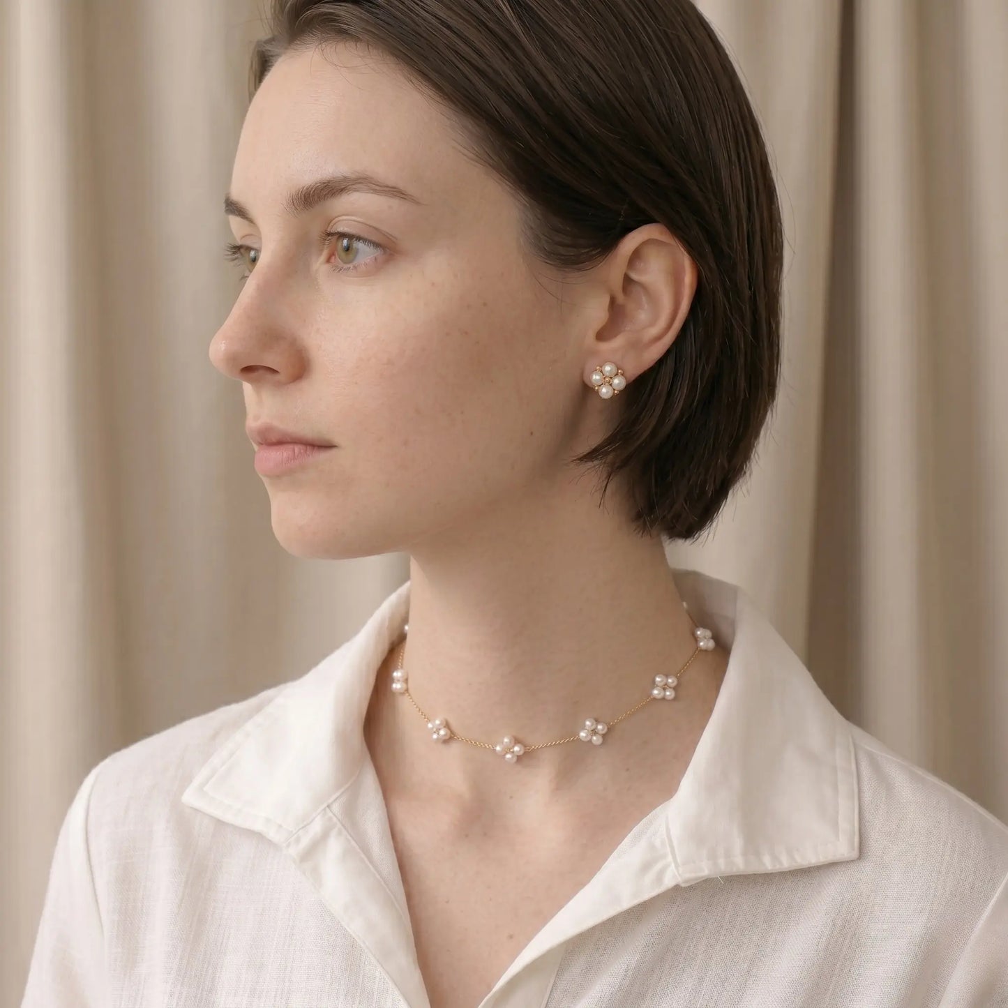 Dainty 18K Solid Gold Berry Pearl Station Choker Necklace for Women