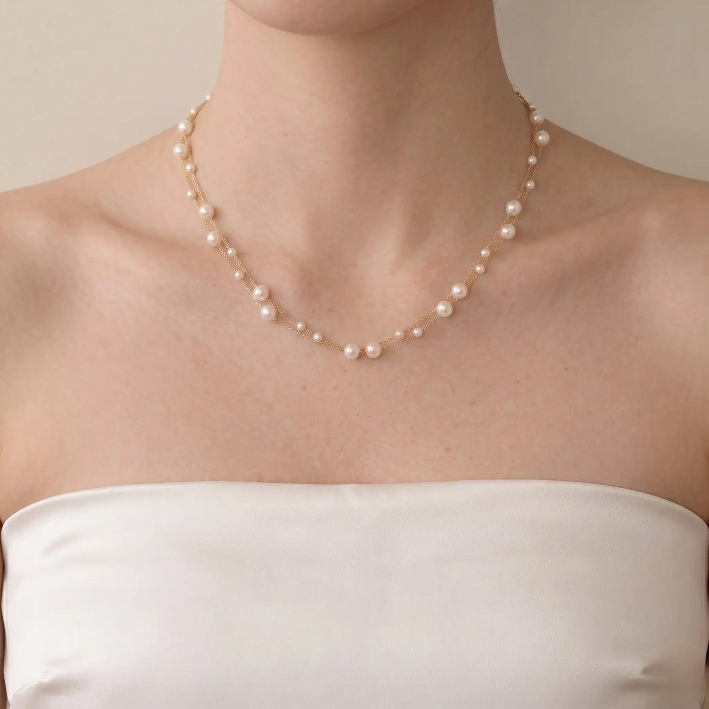 Dainty 18K Solid Gold Double Strand Pearl Necklace, Two Layer Real Freshwater Baby Pearl Choker for Bride Wedding