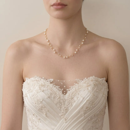 Dainty 18K Solid Gold Double Strand Pearl Necklace, Two Layer Real Freshwater Baby Pearl Choker for Bride Wedding