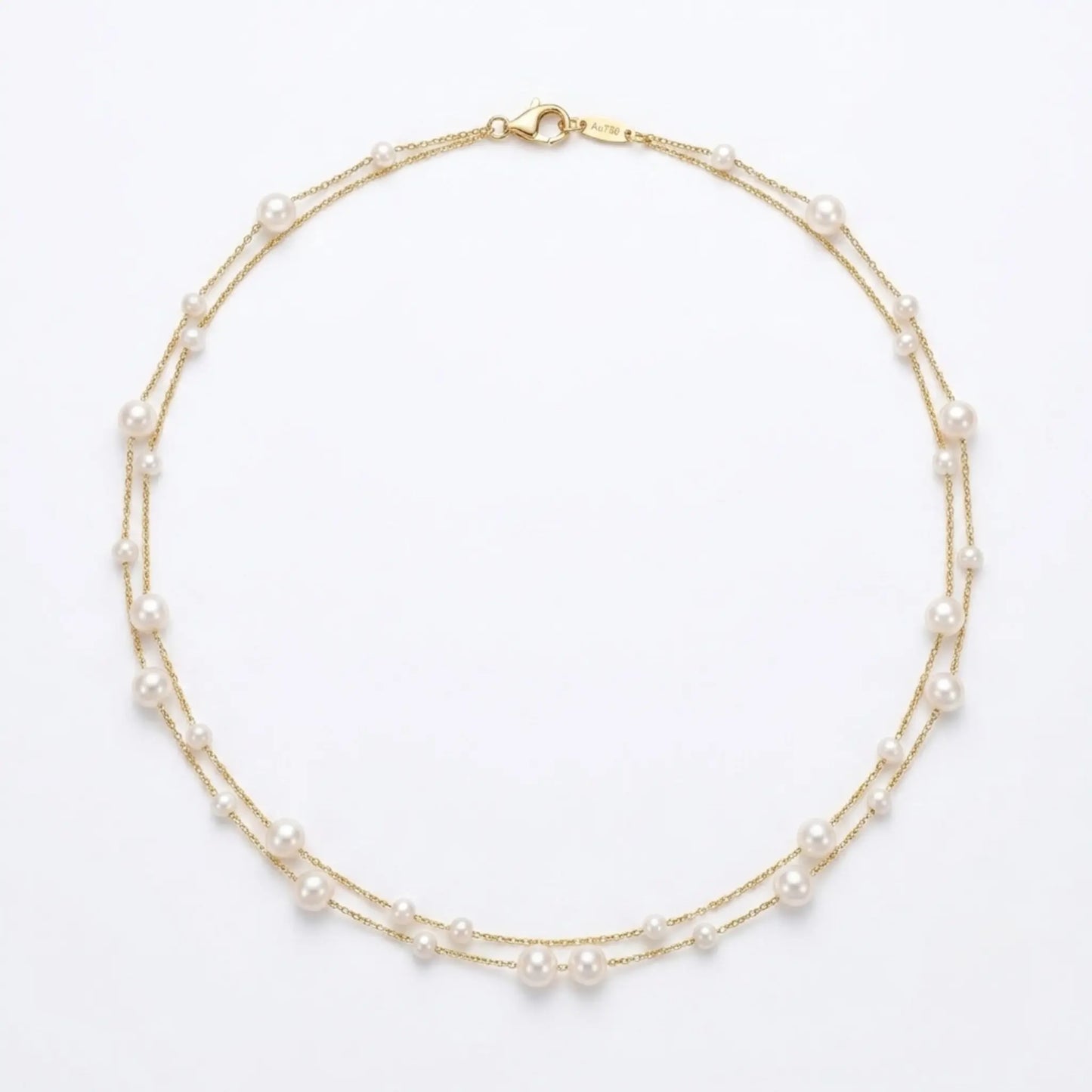 Dainty 18K Solid Gold Double Strand Pearl Necklace, Two Layer Real Freshwater Baby Pearl Choker for Bride Wedding