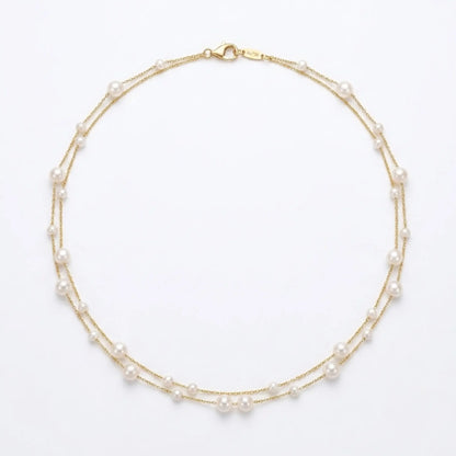 Dainty 18K Solid Gold Double Strand Pearl Necklace, Two Layer Real Freshwater Baby Pearl Choker for Bride Wedding