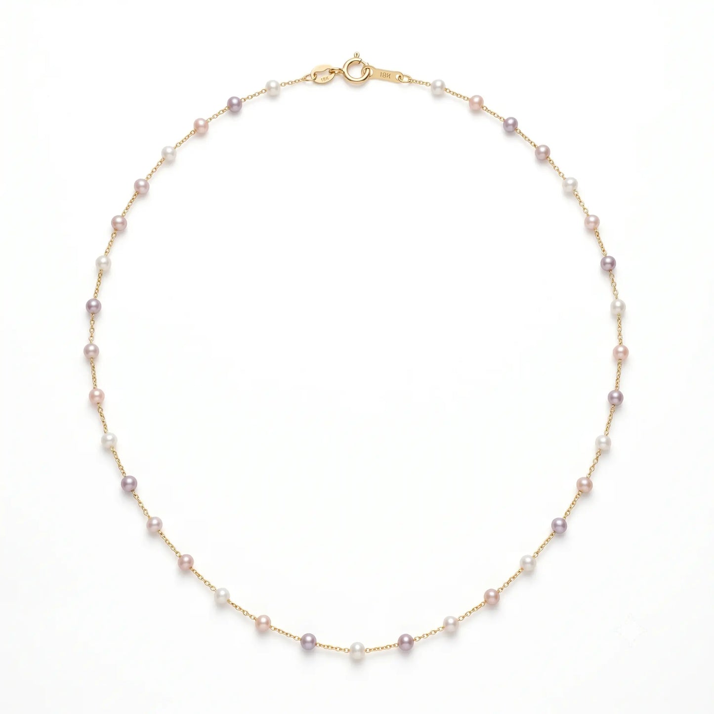 Dainty 18K Solid Gold Pink Pearl Station Necklace for Women