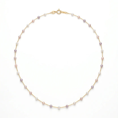 Dainty 18K Solid Gold Pink Pearl Station Necklace for Women