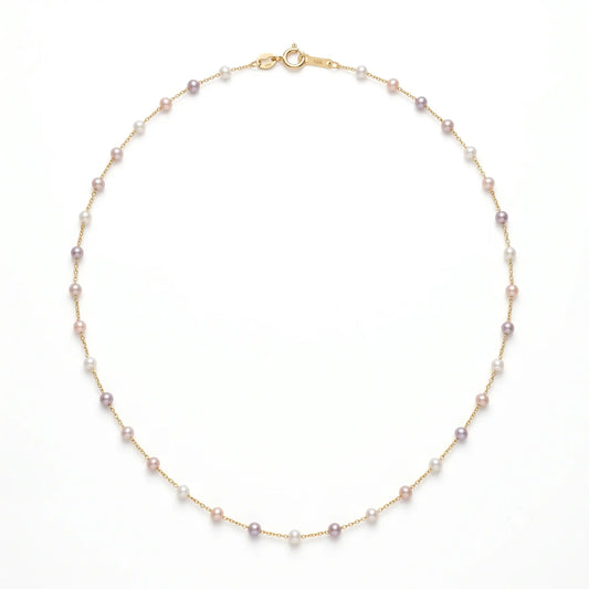 Dainty 18K Solid Gold Pink Pearl Station Necklace for Women