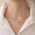 Dainty 18K Solid Gold Single Pearl Necklace for Women, Minimalist Real Freshwater Pearl Choker with Gold Beads