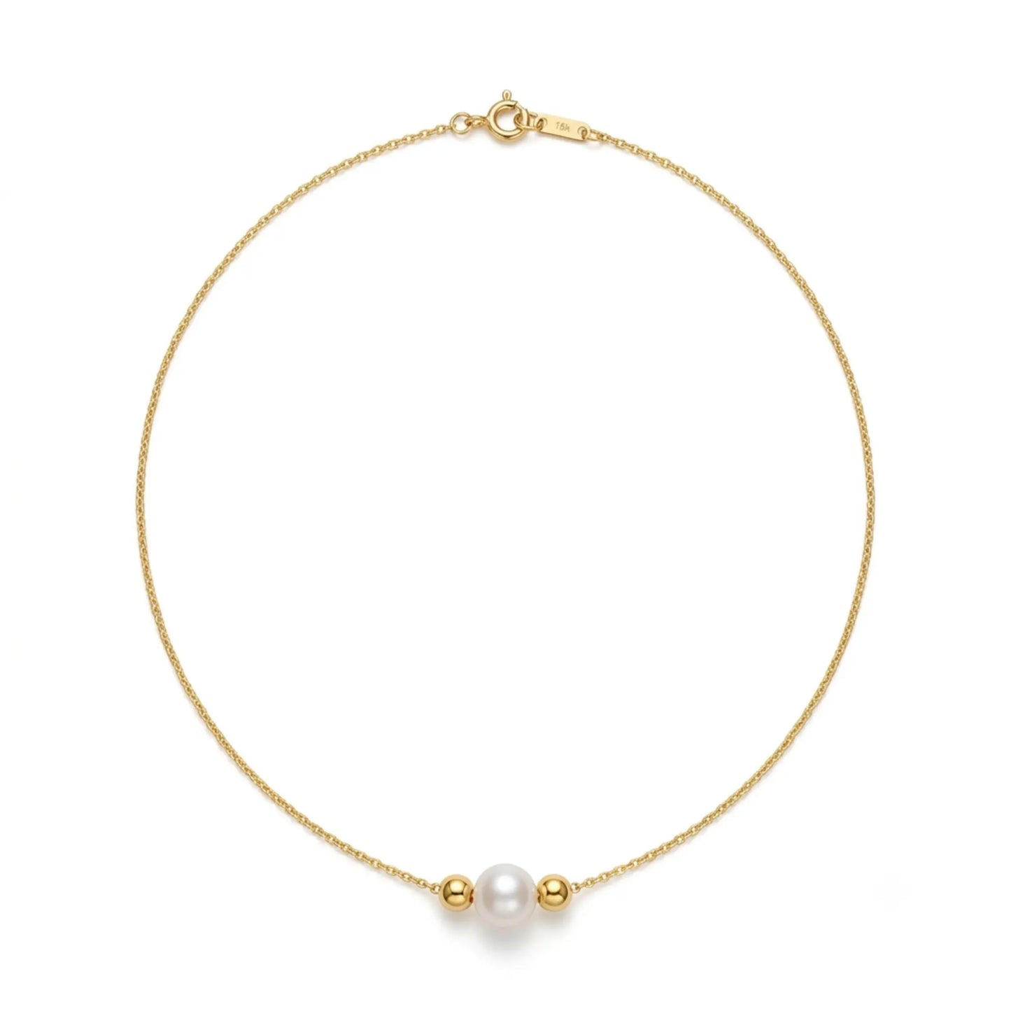 Dainty 18K Solid Gold Single Pearl Necklace for Women, Minimalist Real Freshwater Pearl Choker with Gold Beads