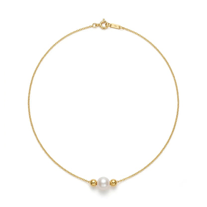 Dainty 18K Solid Gold Single Pearl Necklace for Women, Minimalist Real Freshwater Pearl Choker with Gold Beads