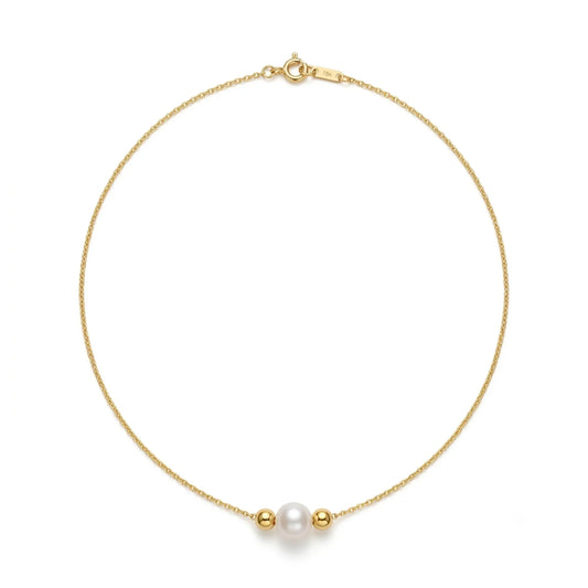 Dainty 18K Solid Gold Single Pearl Necklace for Women, Minimalist Real Freshwater Pearl Choker with Gold Beads
